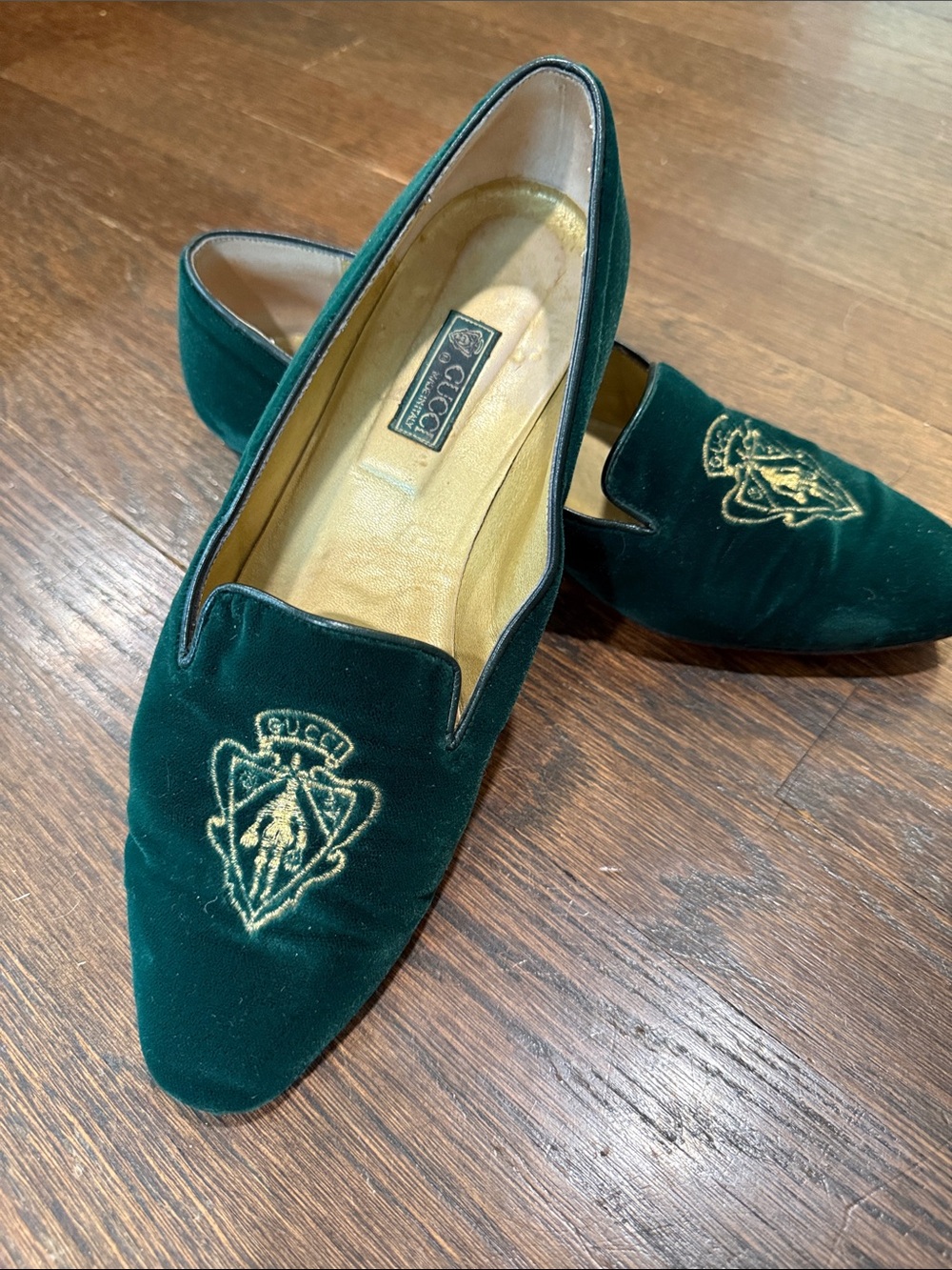 Gucci Dark Green Velvet Loafers with Gold Crest Embroidery